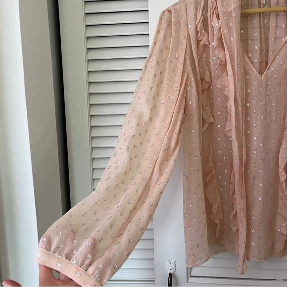 Rebecca Taylor x Revolve Metallic Dot Ruffle Blouse Long Sleeve | Pink | Size 10 - Picture 7 of 16